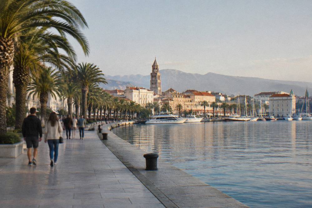 People strolling along the palm-lined Riva waterfront promenade in Split with boats in the harbour