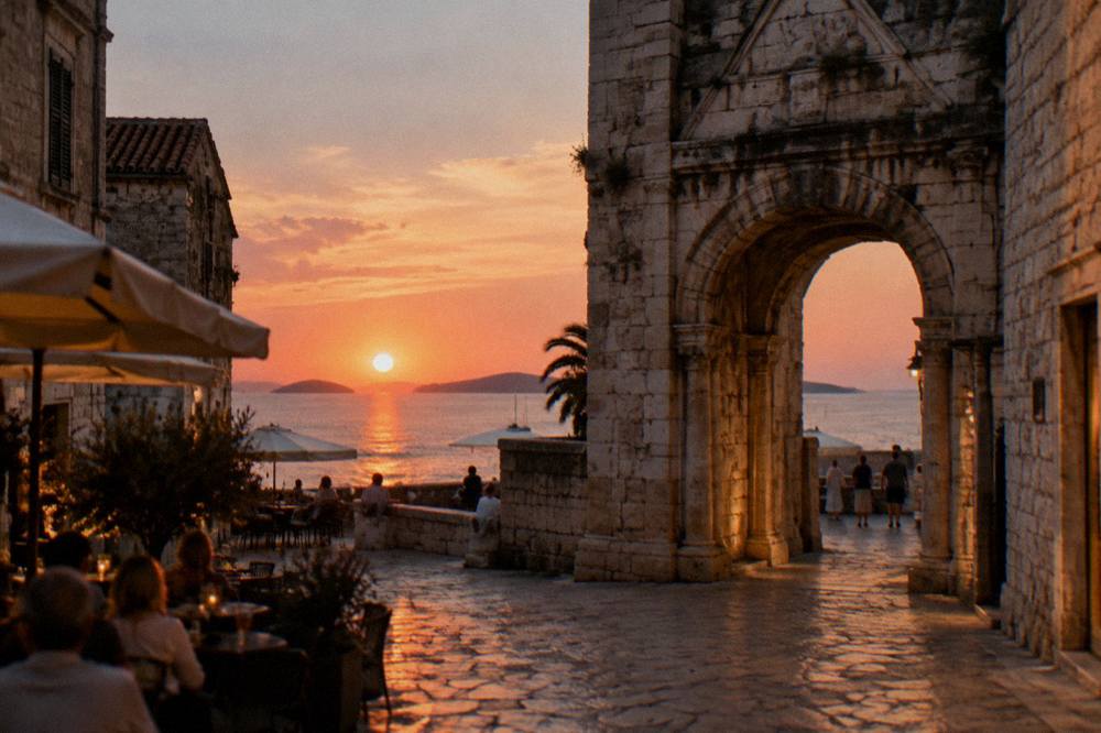 Evening light on the stone walls and arch of the Golden Gate with cafes in the square outside