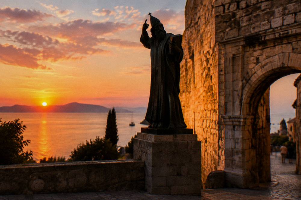 Warm evening light on the stone wall and arch of the Golden Gate with the bronze statue in shadow beside it
