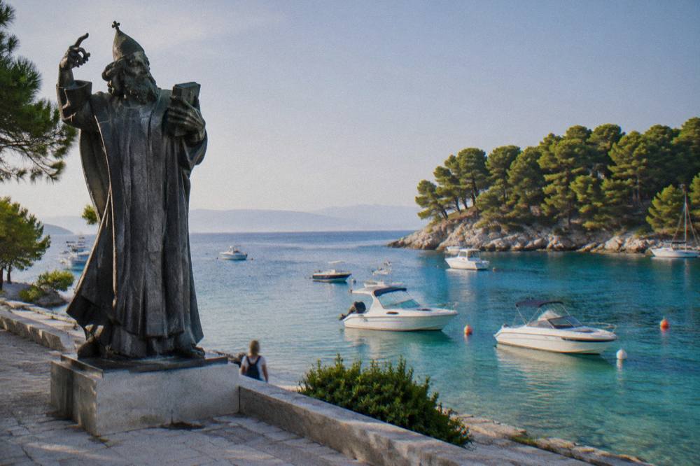 Speedboats moored in a small island bay with clear turquoise water and pine trees