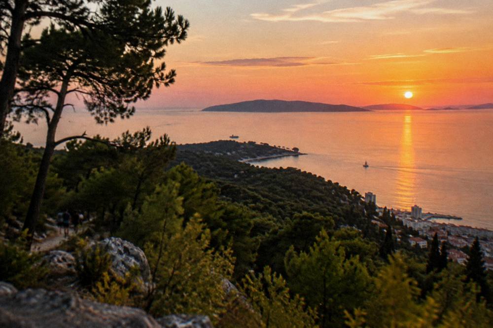 Sunset light over the pine covered Marjan peninsula and the Adriatic sea seen from Split