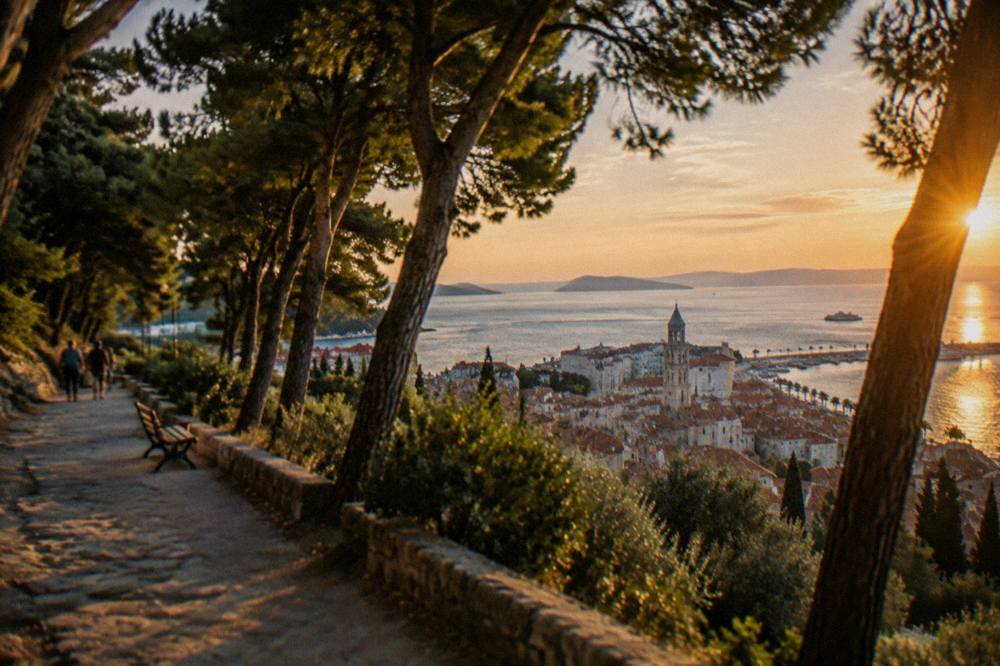A hillside park path with pine trees and a view over red roofs to the sea and islands