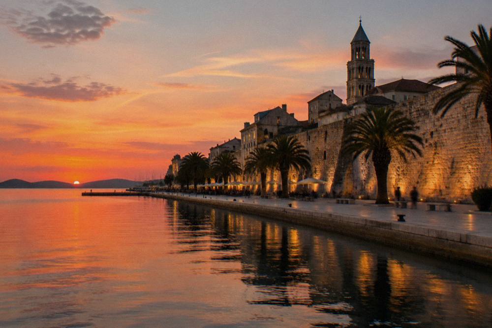Evening view of the illuminated southern wall of Diocletian's Palace from the promenade