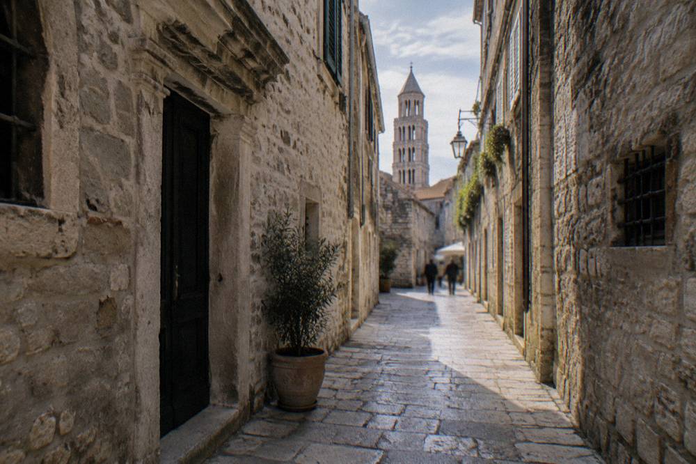 Narrow stone street inside Diocletian's Palace a short walk from the seafront
