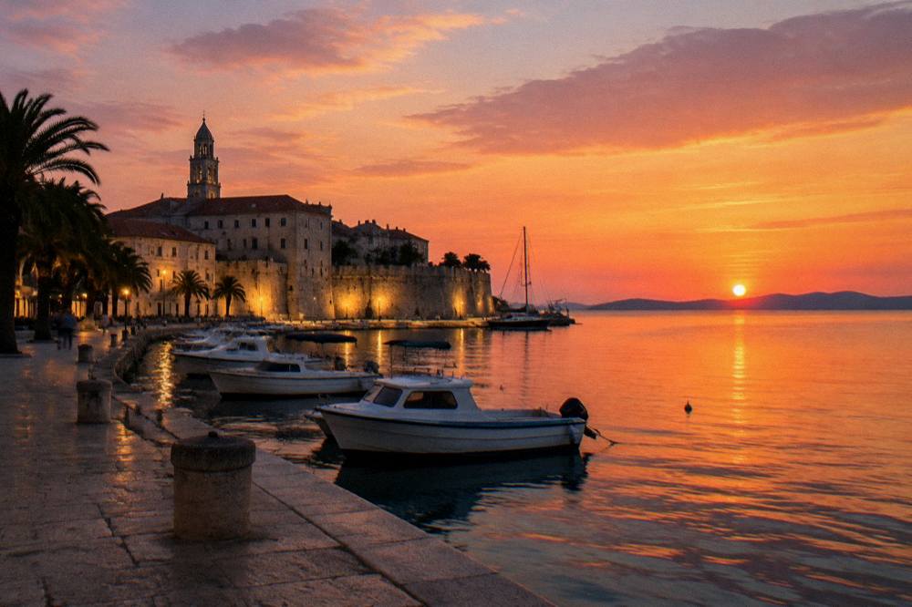 Wide view of the Split seafront at dusk with the palace wall lit and moored boats in the foreground