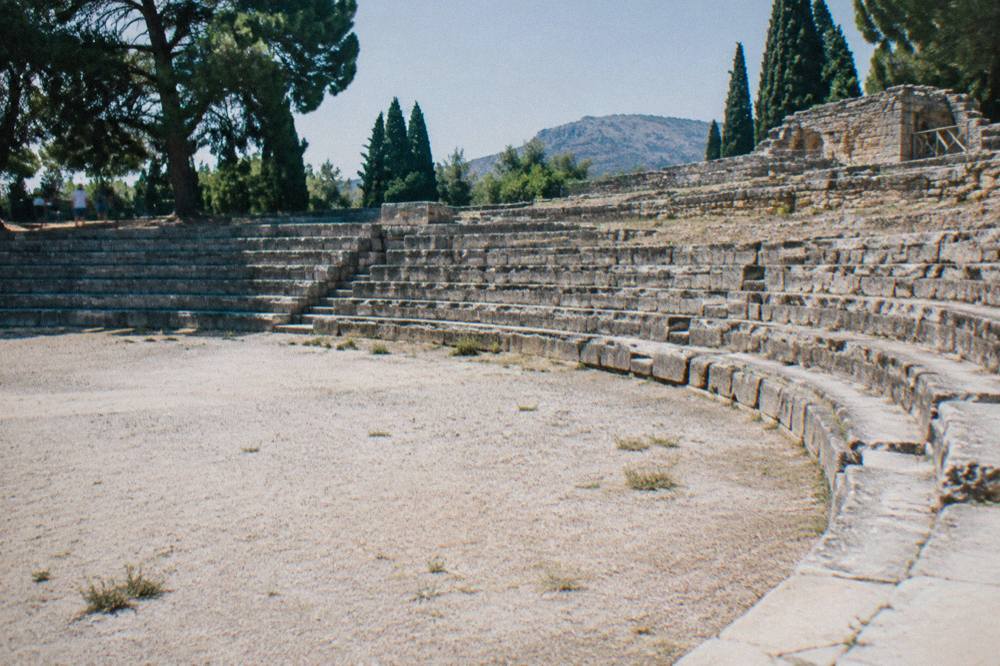 Curved stone seating wall of the Roman amphitheatre at Salona seen from the arena floor