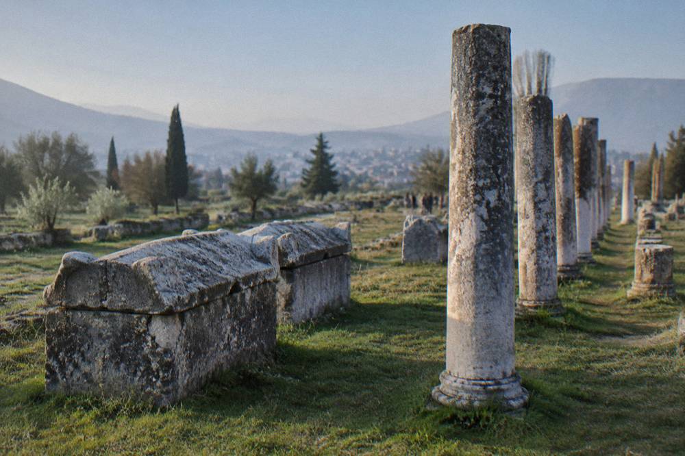 Row of broken stone columns and sarcophagi standing in grass at the Salona necropolis