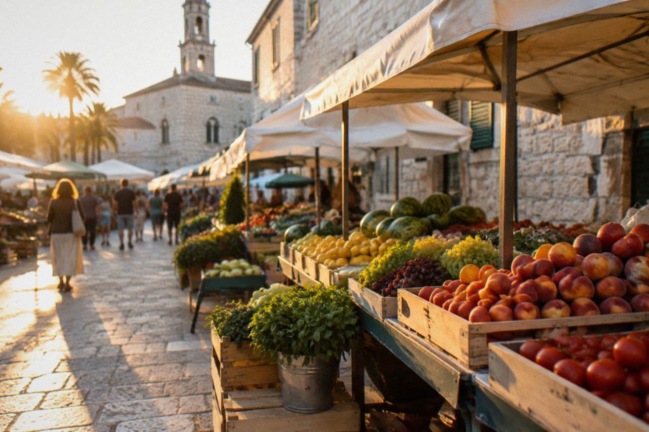 Outdoor market stalls with fruit and vegetables under white awnings beside old stone buildings