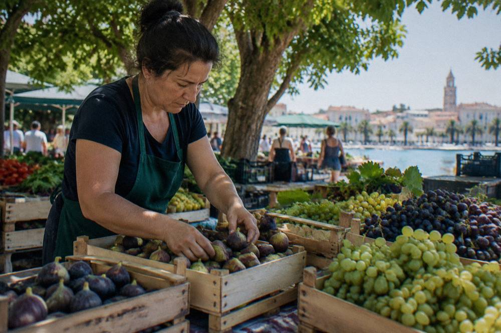 A vendor arranging fresh figs and grapes in wooden crates at a market stall