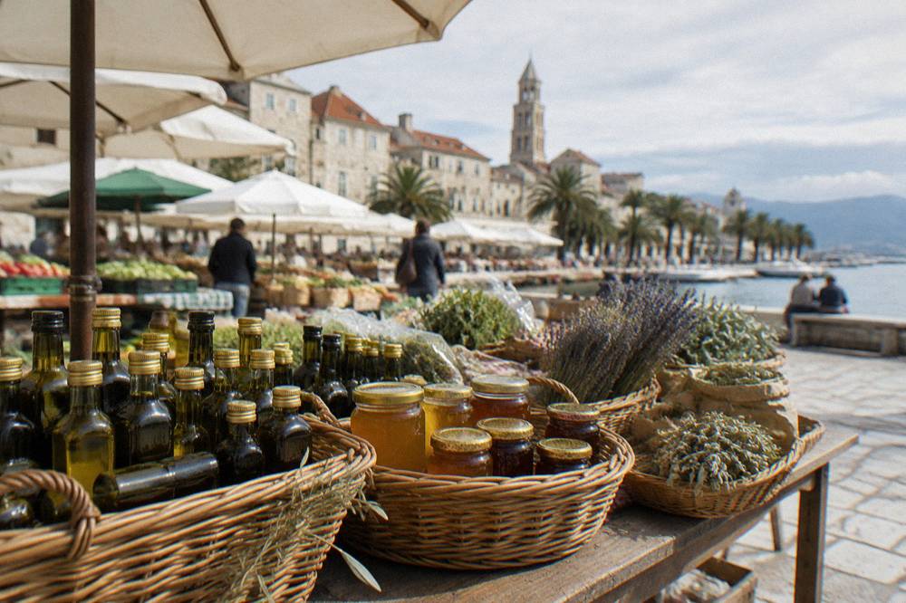 Baskets of olive oil bottles, jars of honey and dried herbs on a wooden market table
