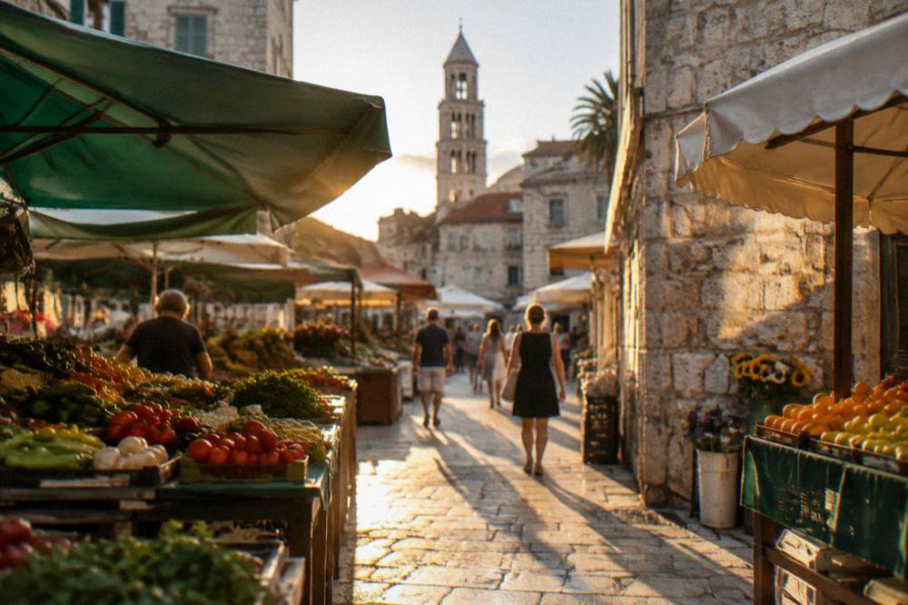 A narrow old stone street with market awnings and people walking in morning light