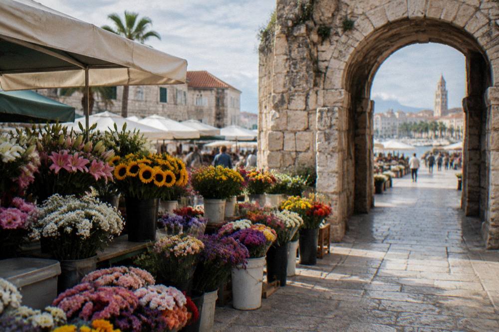 Colourful flower stalls with buckets of cut flowers beside a stone archway