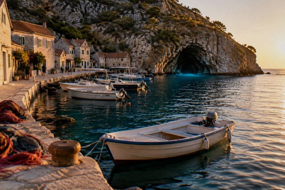 A stone fishing town waterfront with small boats moored along the quay