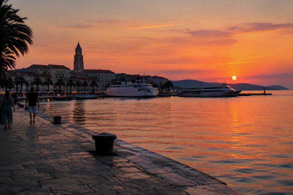 The Split waterfront at dusk with the harbour and hills behind