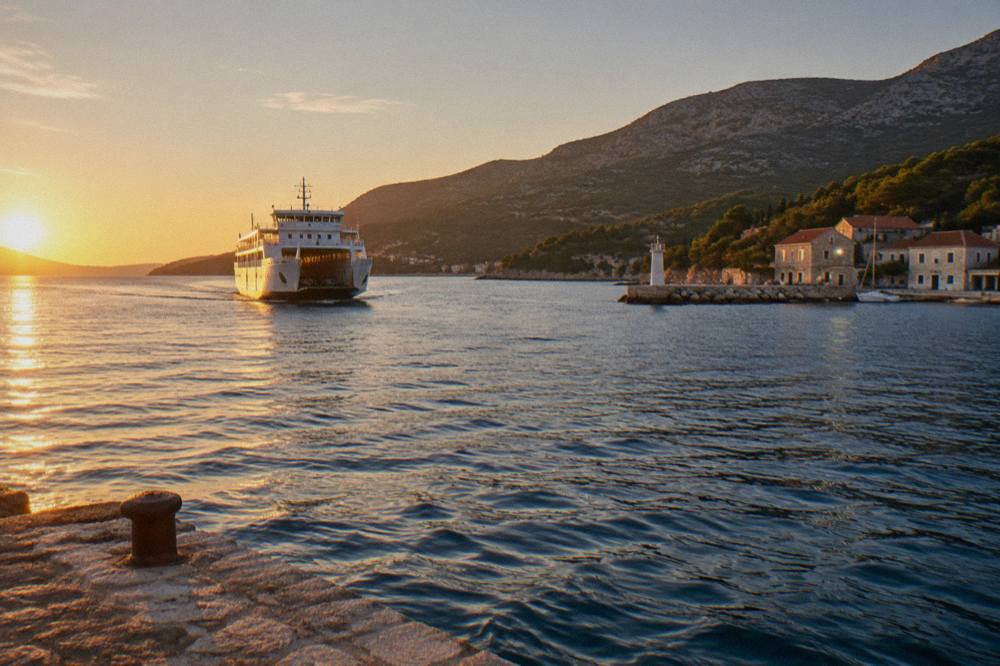 A white car ferry approaching a small Dalmatian island port with hills behind it