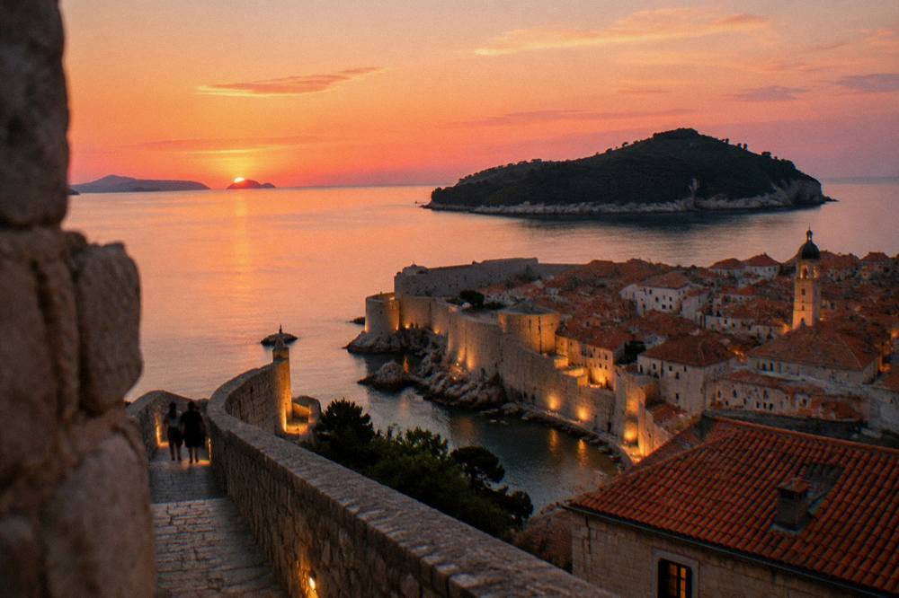 Evening lights beginning to glow along the Dubrovnik city walls and rooftops