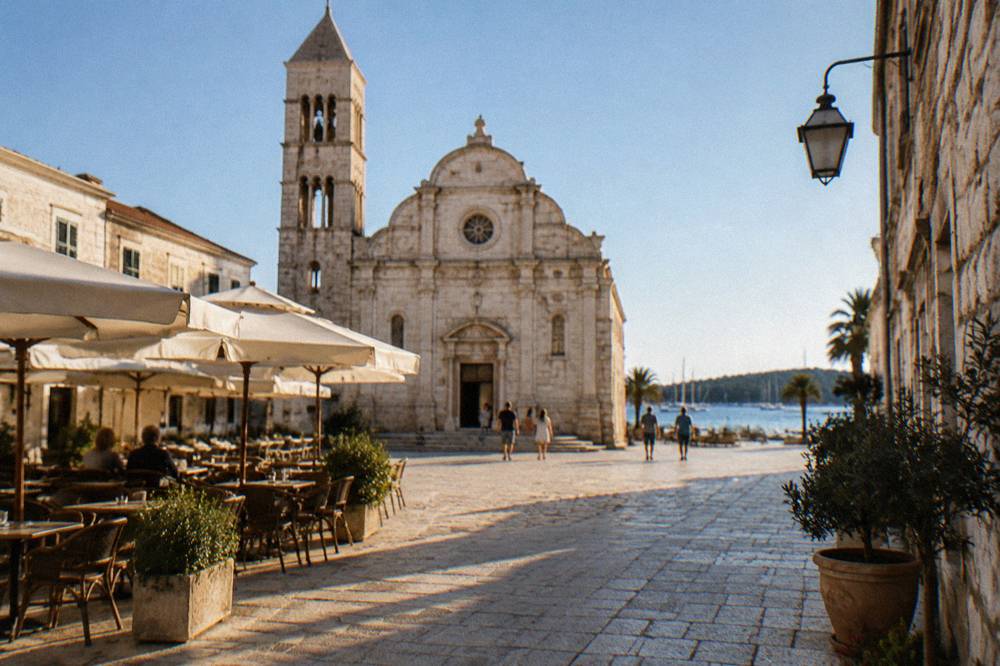 A white stone square with a cathedral facade and cafe tables under a clear sky
