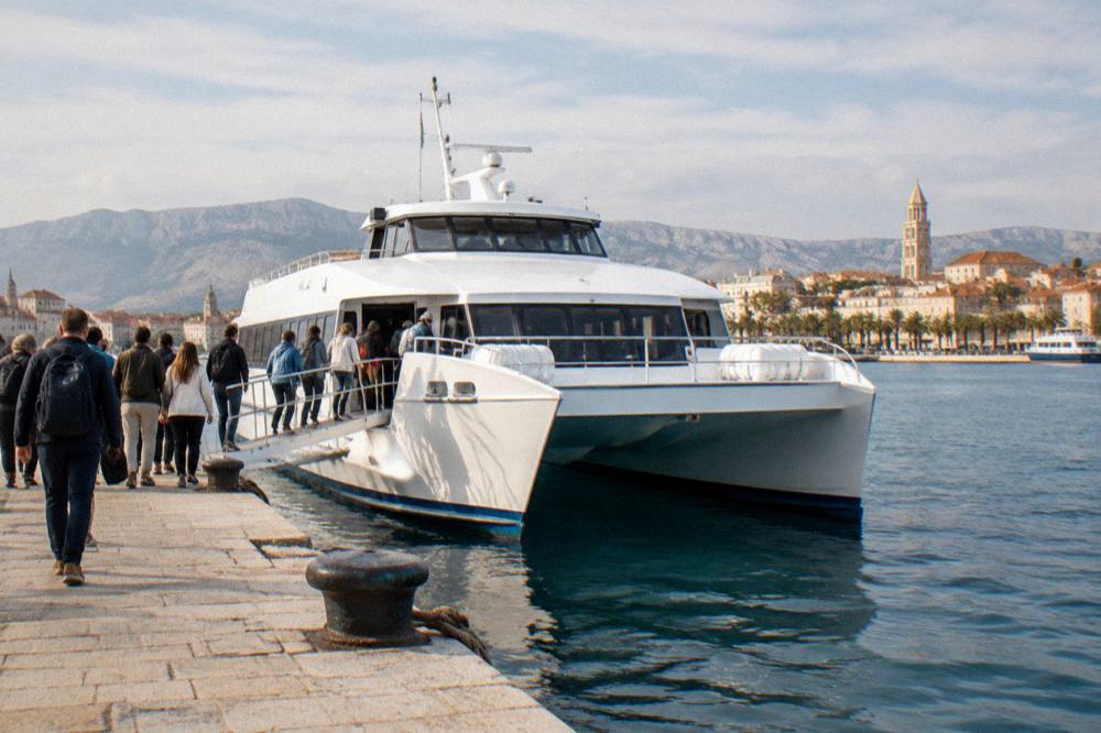 A catamaran moored at a busy island port with passengers boarding on a sunny morning