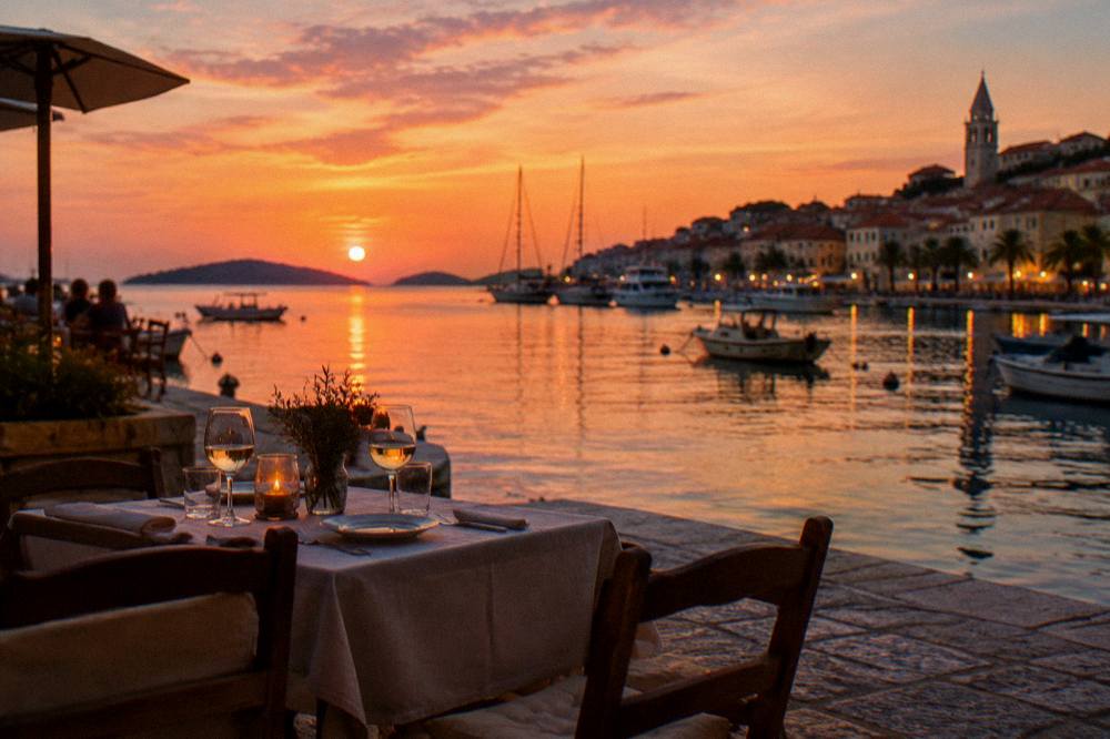 An evening table set on a stone square beside a harbour as lights come on over the water