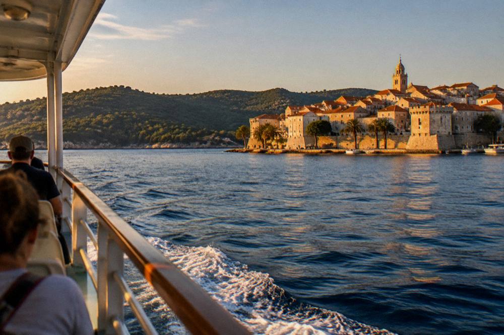 Wooded island hills across blue water seen from a moving boat deck