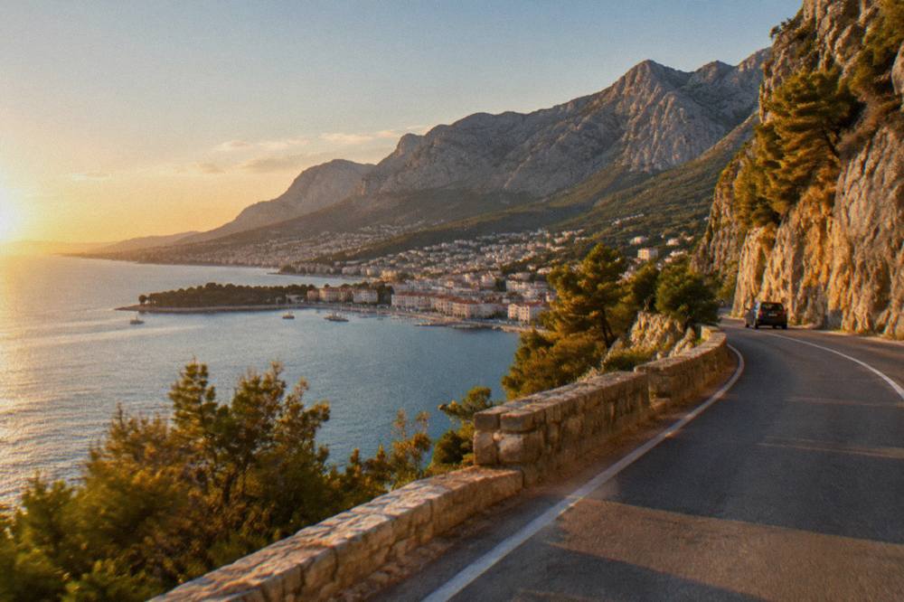 A coastal road curving between steep grey cliffs and the blue Adriatic Sea with a small town in a bay below