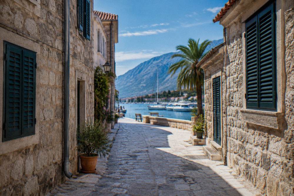A stone-paved old town lane with shuttered houses opening towards a sunny seafront with parked boats