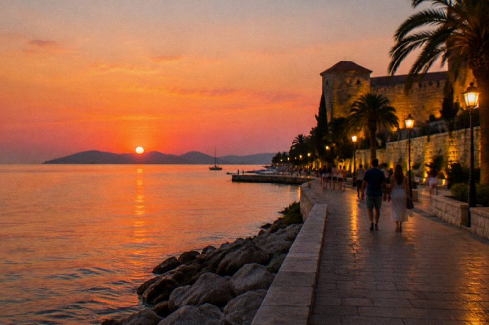 An evening promenade lit by warm street lamps with people strolling beside the sea and a lit palace wall beyond