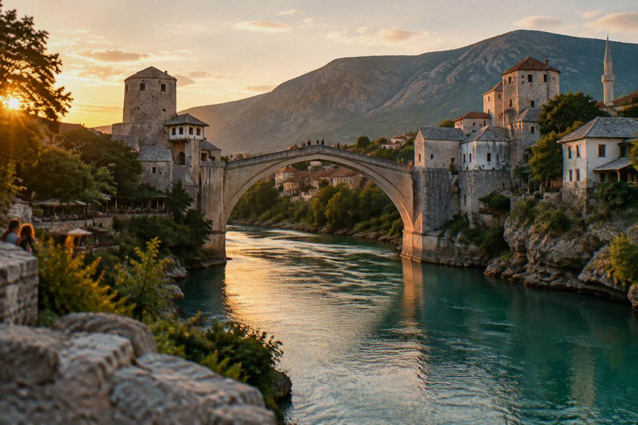 Stone arch bridge spanning a turquoise river with old towers on both banks