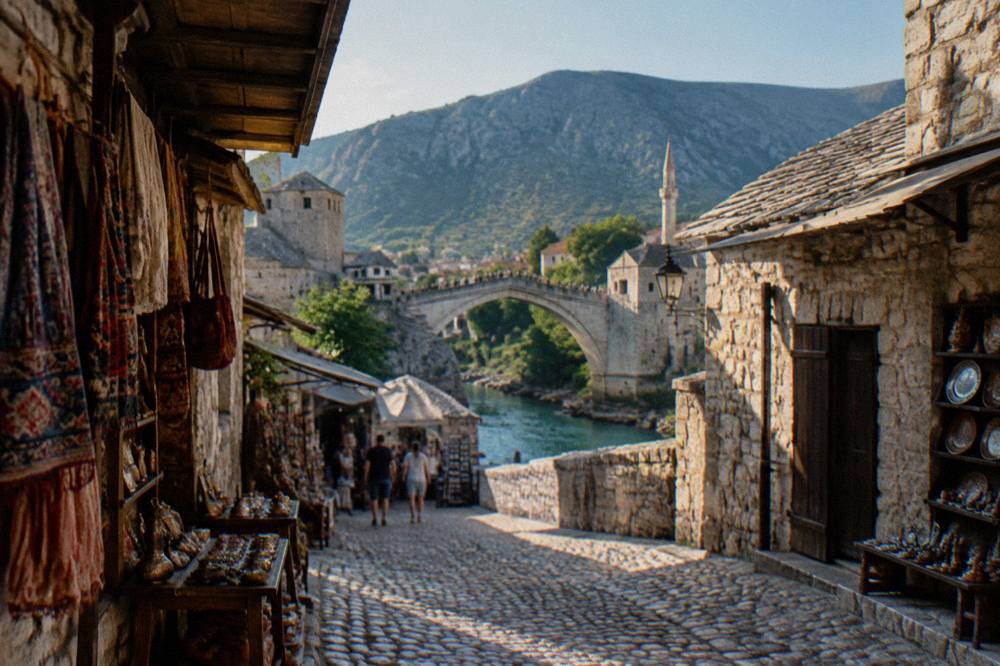 Narrow cobbled street lined with stone shops leading toward a river