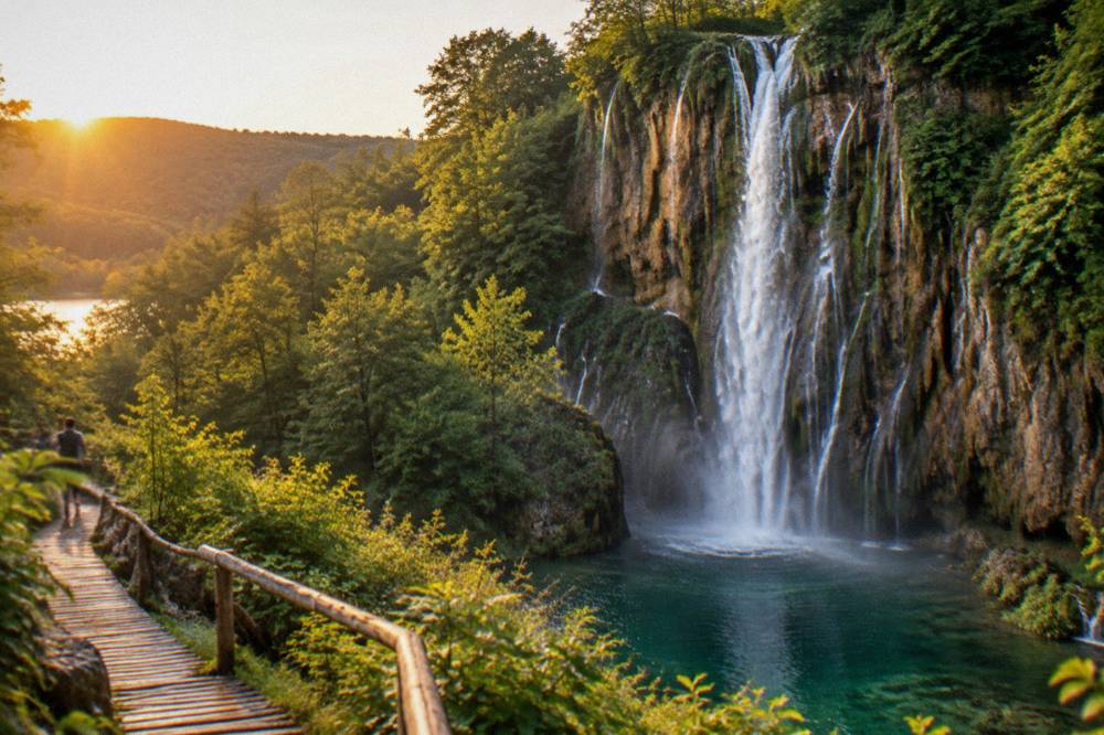 A tall waterfall dropping through dense green forest at Plitvice Lakes