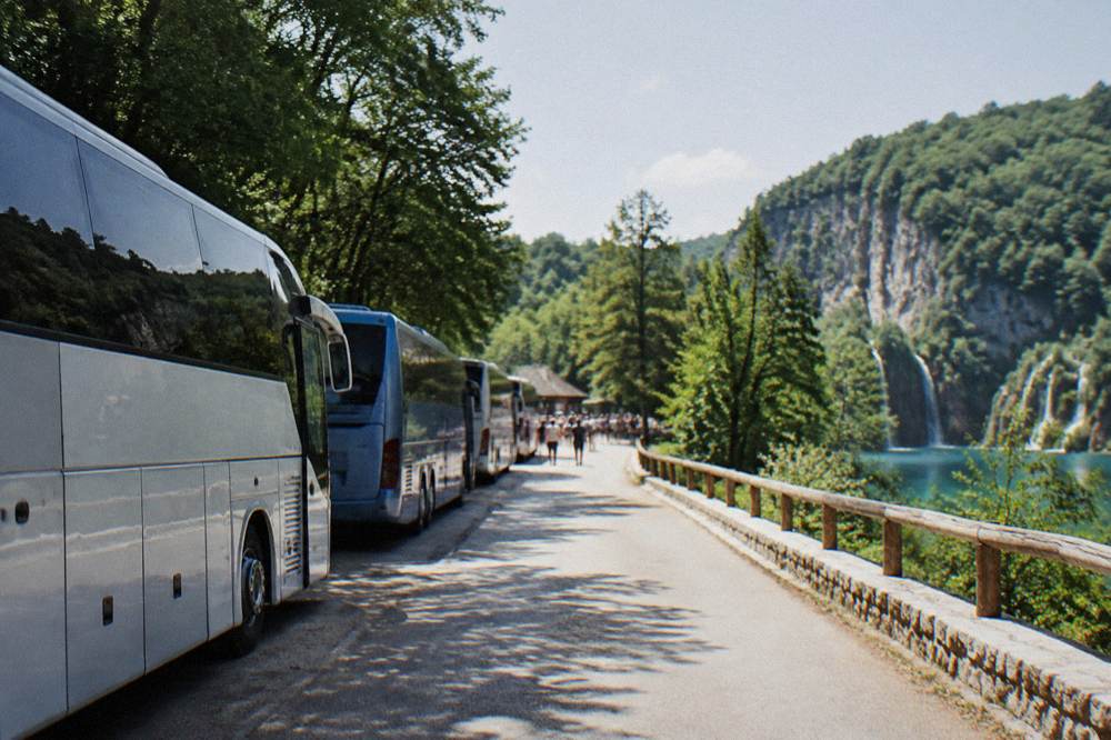 Tour coaches parked in a line at a national park entrance area