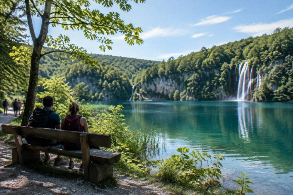 Hikers with backpacks resting on a wooden bench beside a Plitvice lake