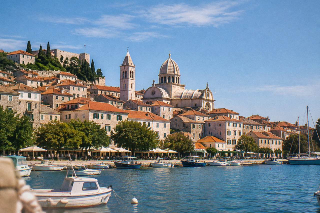 Stone cathedral towers and terracotta rooftops of a Dalmatian coastal town seen from across a small harbour