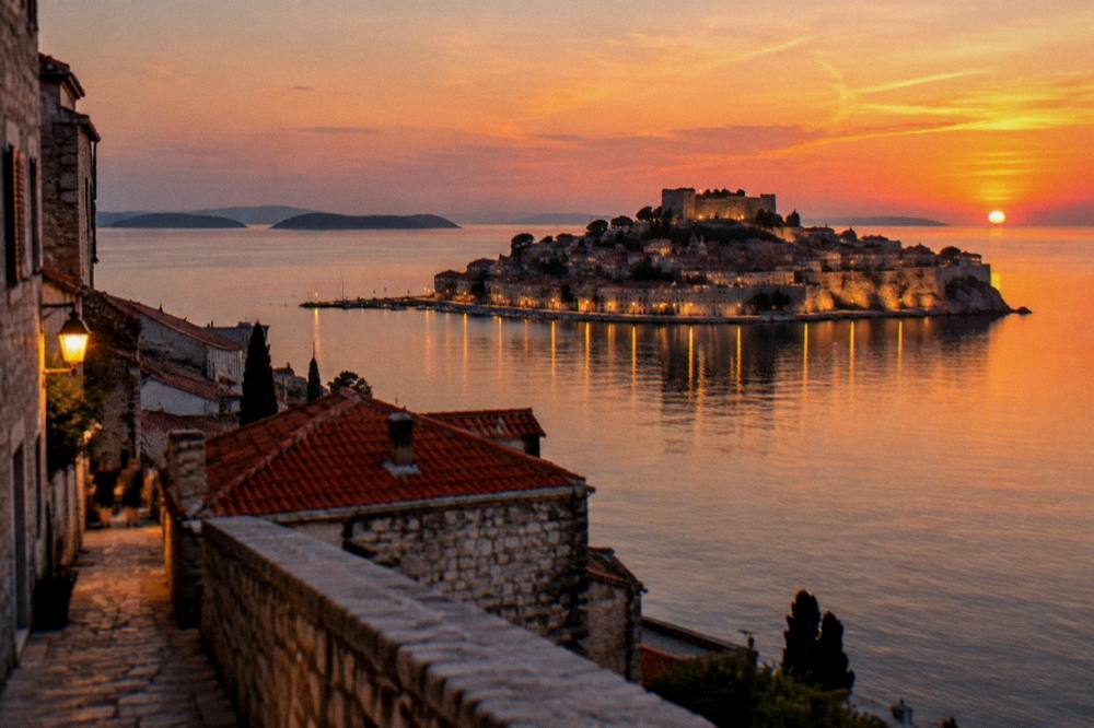 Small fortified island town at dusk with lights reflecting in a calm sea