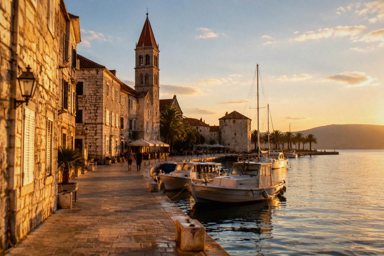 Stone buildings and a bell tower along a small Dalmatian island waterfront