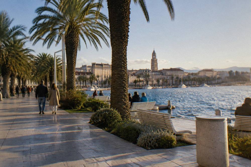 Palm trees and autumn light along the seaside promenade in Split