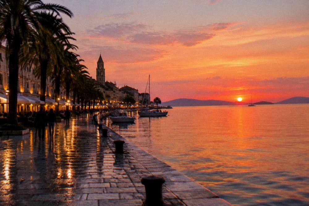 Evening lights reflecting on wet stone pavement in the old town of Split
