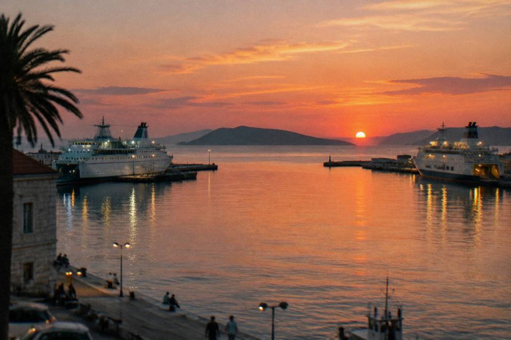 Evening view across Split harbour with ferries at their berths and lights on the water