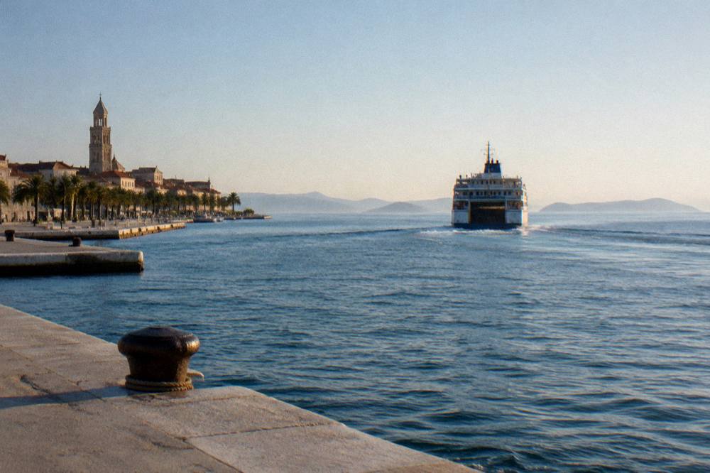 Ferry sailing away from Split towards islands on the horizon under a clear sky