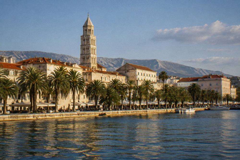 The Riva waterfront promenade in Split seen from the sea with palm trees and the palace bell tower