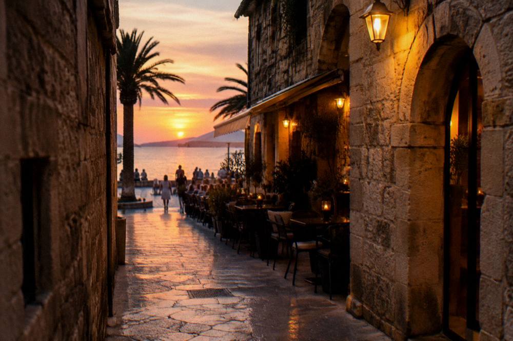 A narrow stone alley inside Diocletian's Palace lit by warm evening lamps and cafe lights