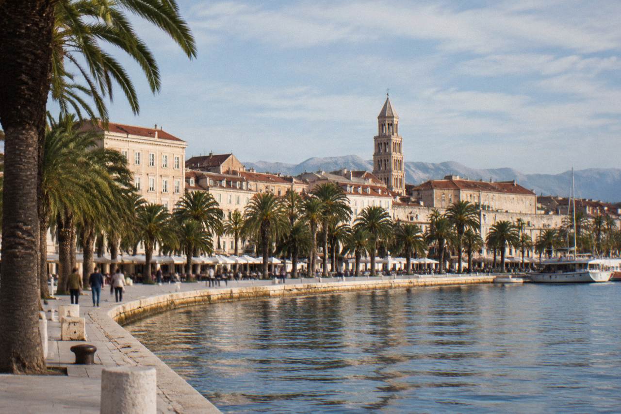 The seafront promenade in Split with palm trees and the palace rooftops behind it