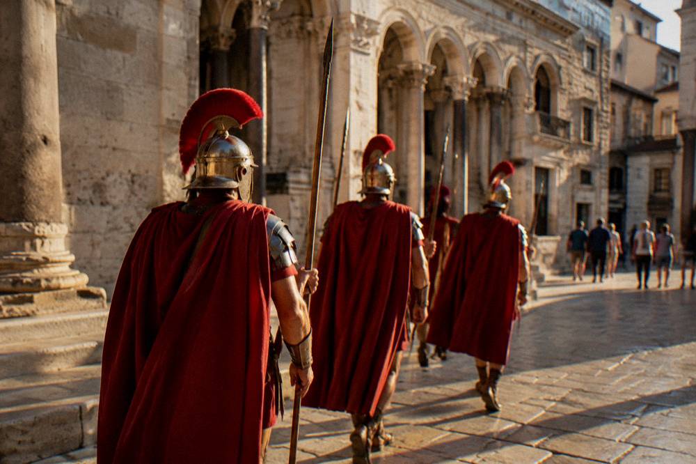 Costumed Roman guards marching in a stone square at midday