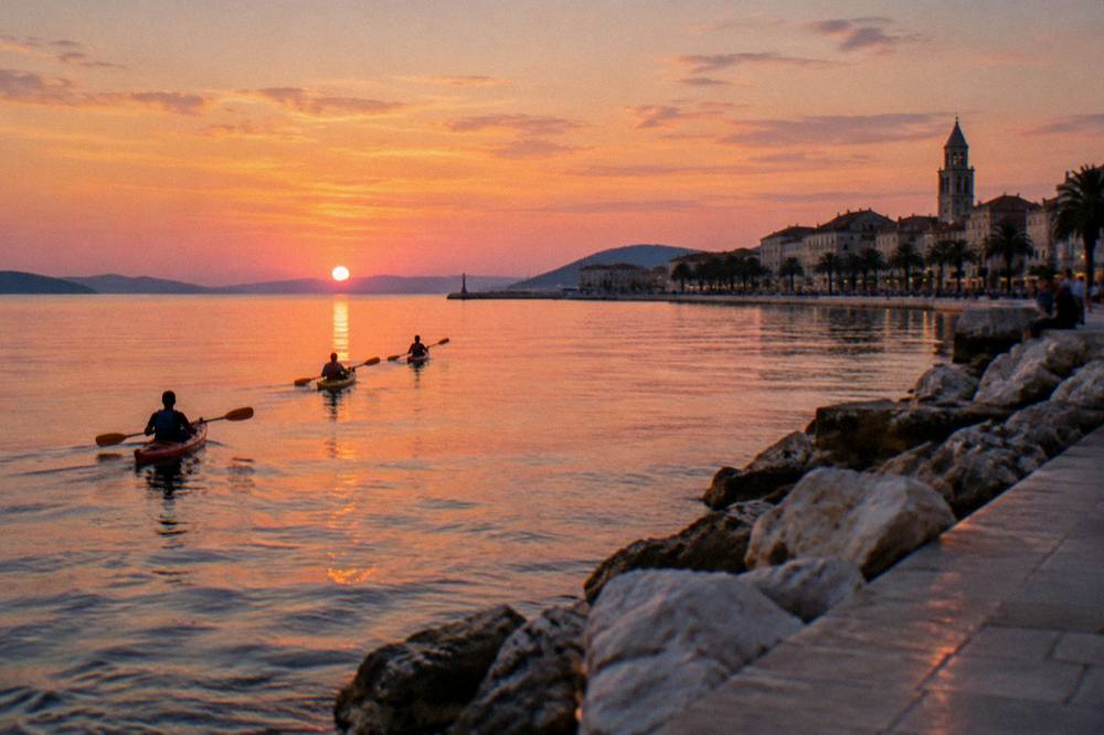 Sea kayaks paddling along a rocky coast at sunset near a city waterfront