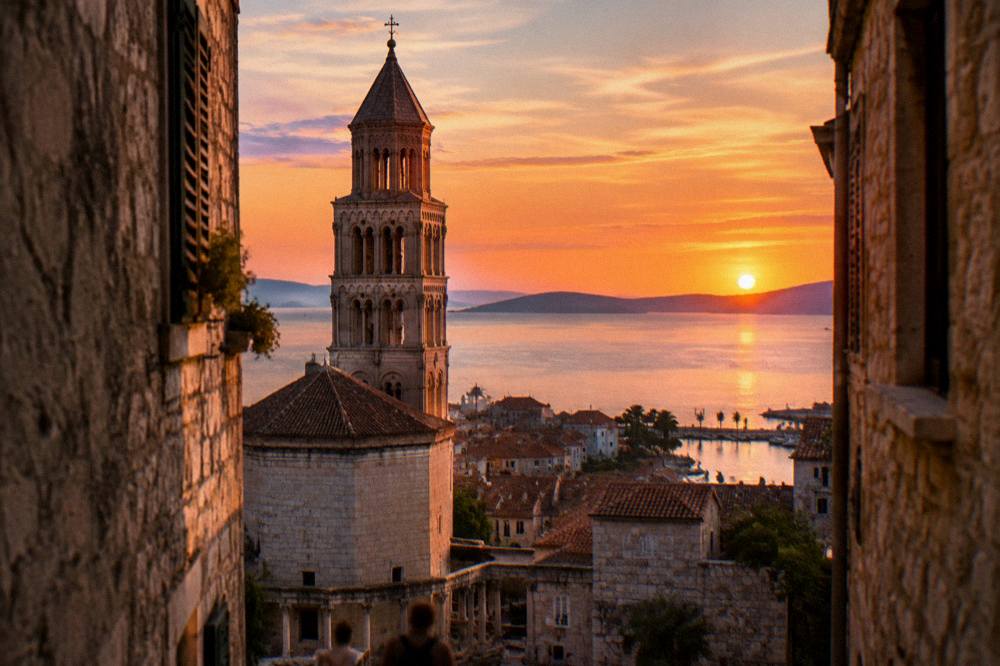 Evening light on the stone walls and bell tower of the Split Old Town seen from a narrow lane