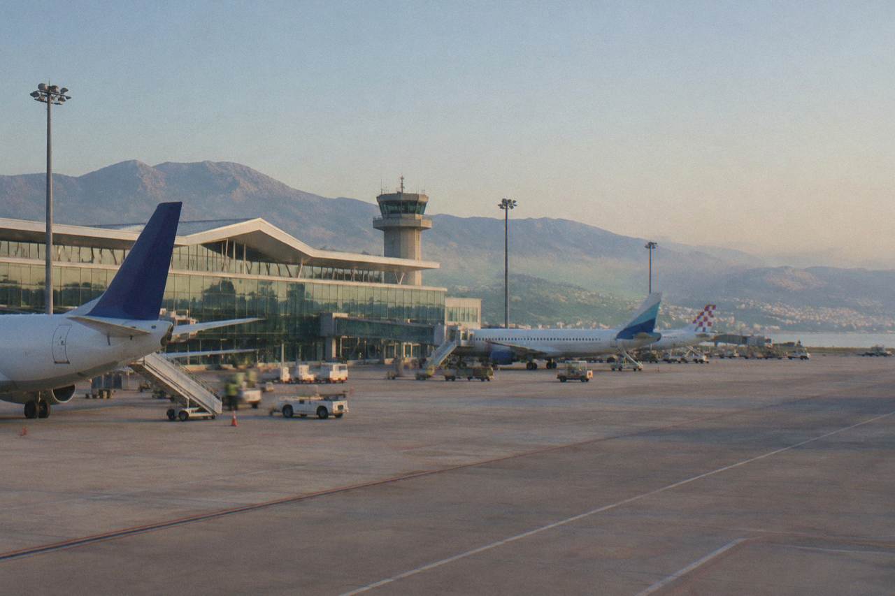 Terminal building of Split Airport under a clear sky with parked aircraft on the apron