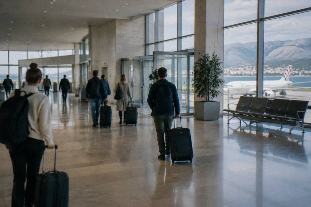 Passengers with suitcases walking through the arrivals hall of a small coastal airport