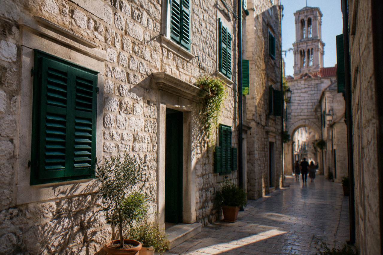 A stone apartment building with green shutters on a narrow street in the old centre of Split