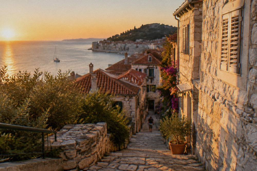 Whitewashed stone houses with terracotta roofs in the Veli Varos quarter below Marjan hill