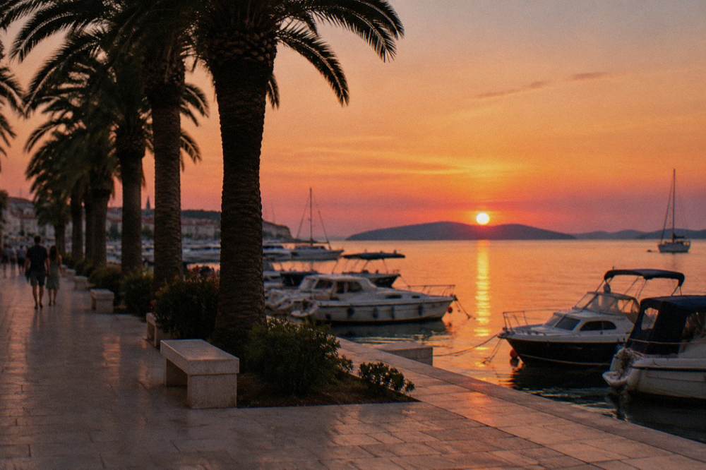 Evening light on the Riva promenade with palm trees and parked boats in Split